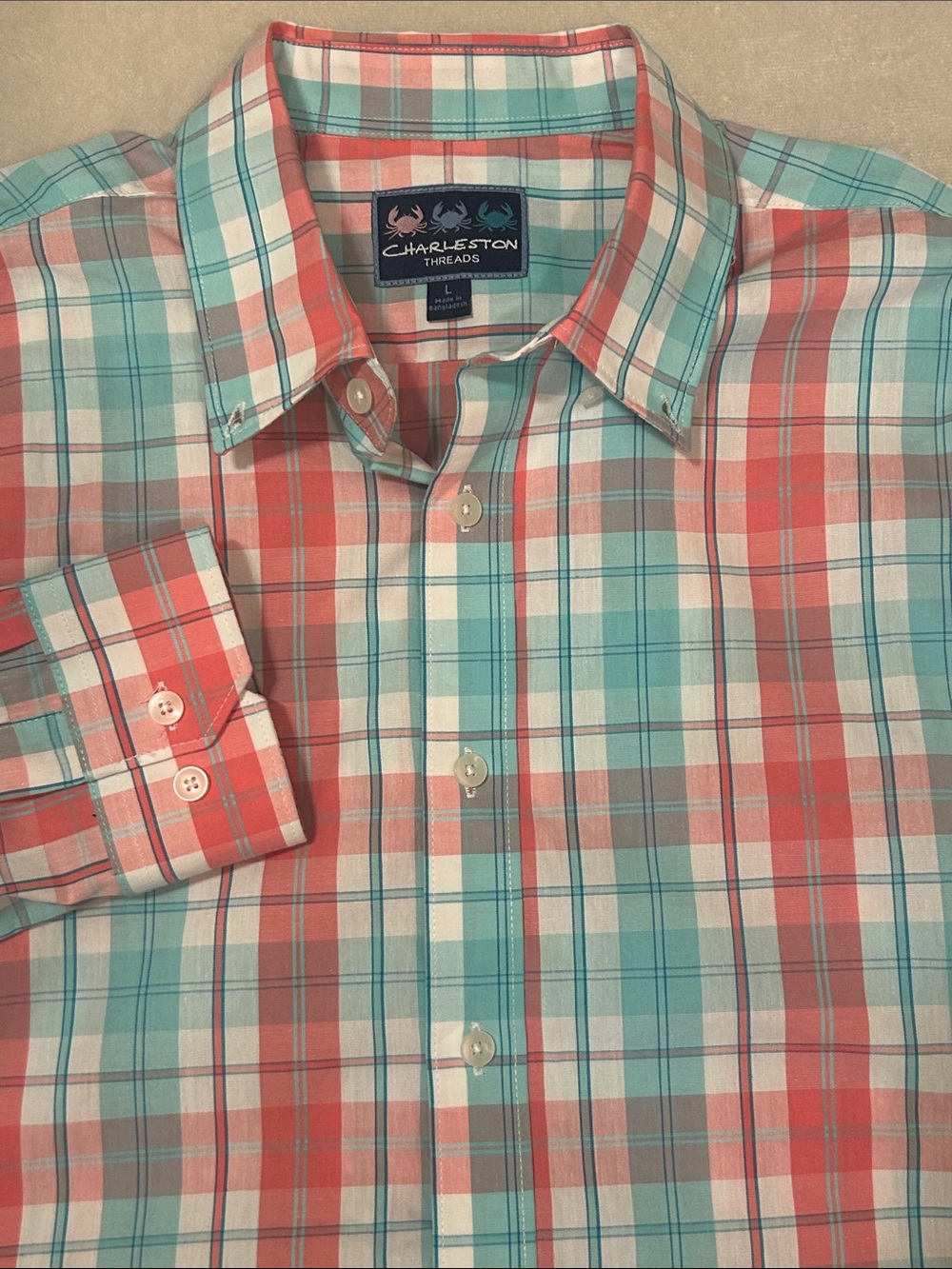 Charleston Threads Shirt Mens Large L Plaid Button Down Coral Teal Cotton Preppy